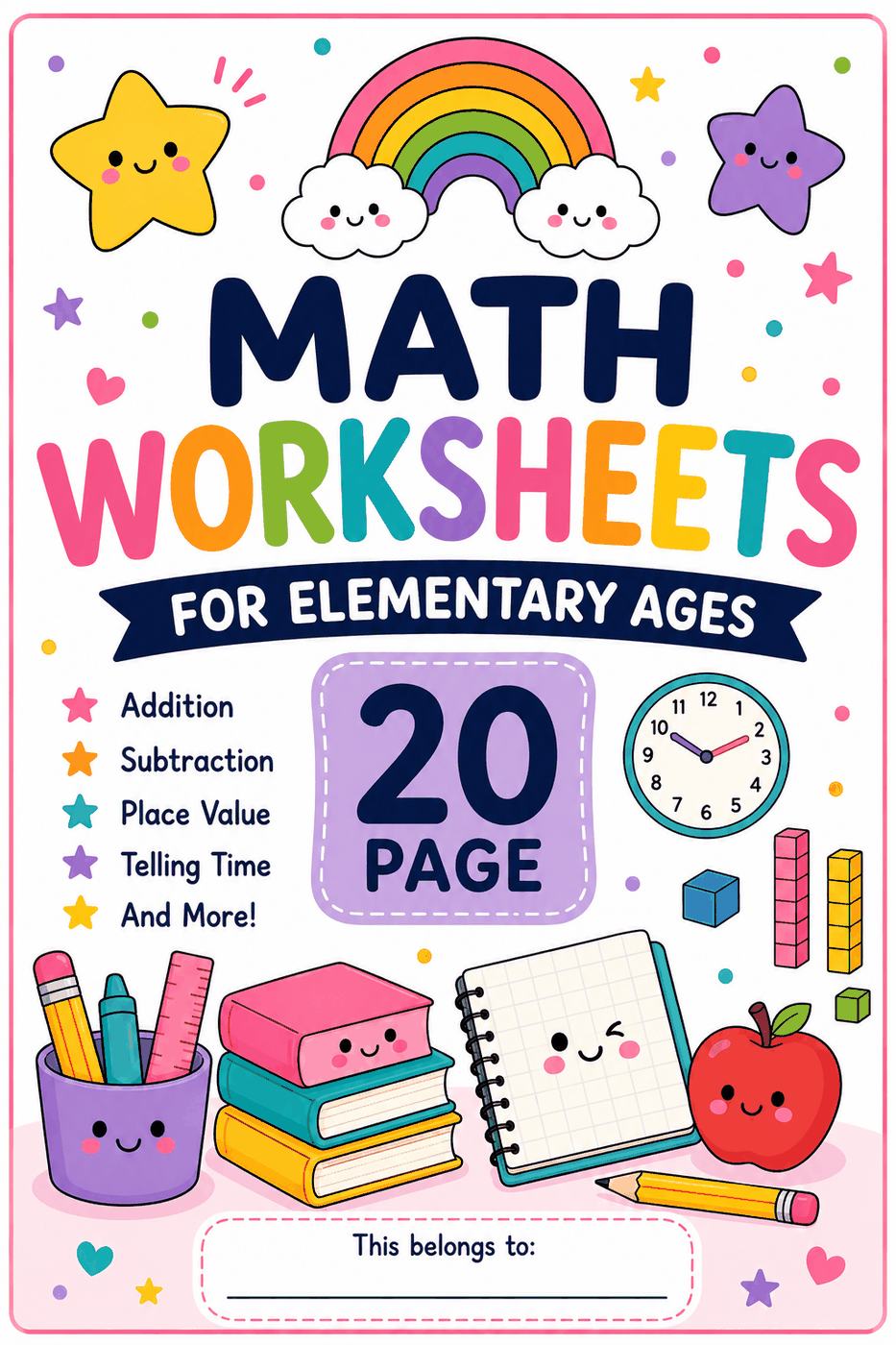 20-Page Elementary Math Worksheets cover
