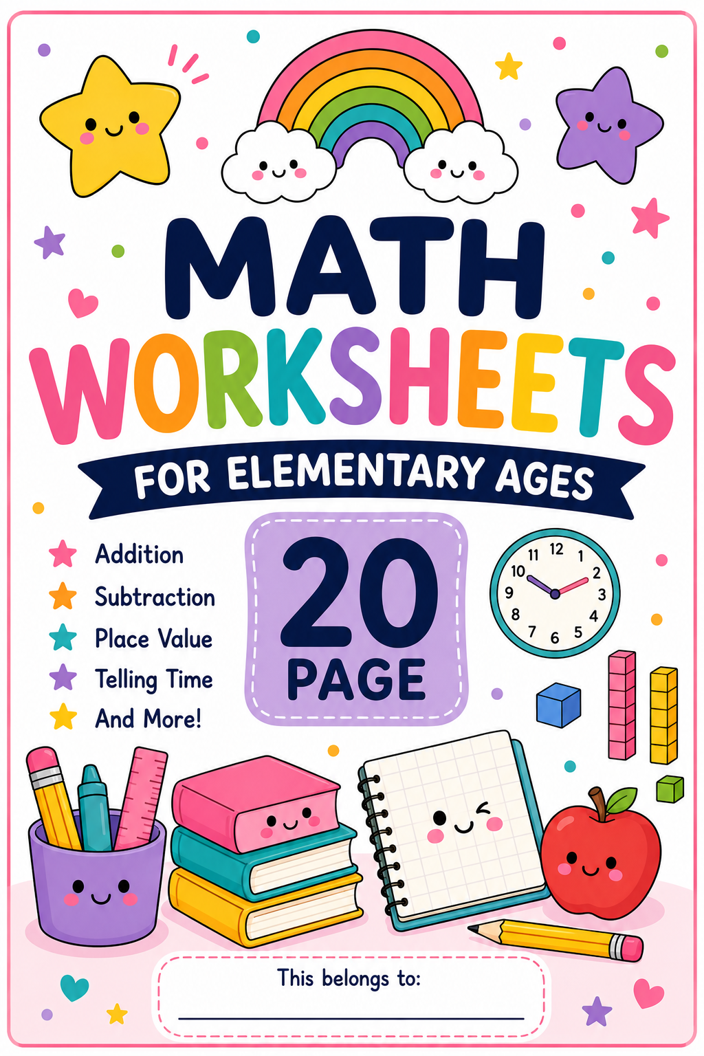 20-Page Elementary Math Worksheets cover