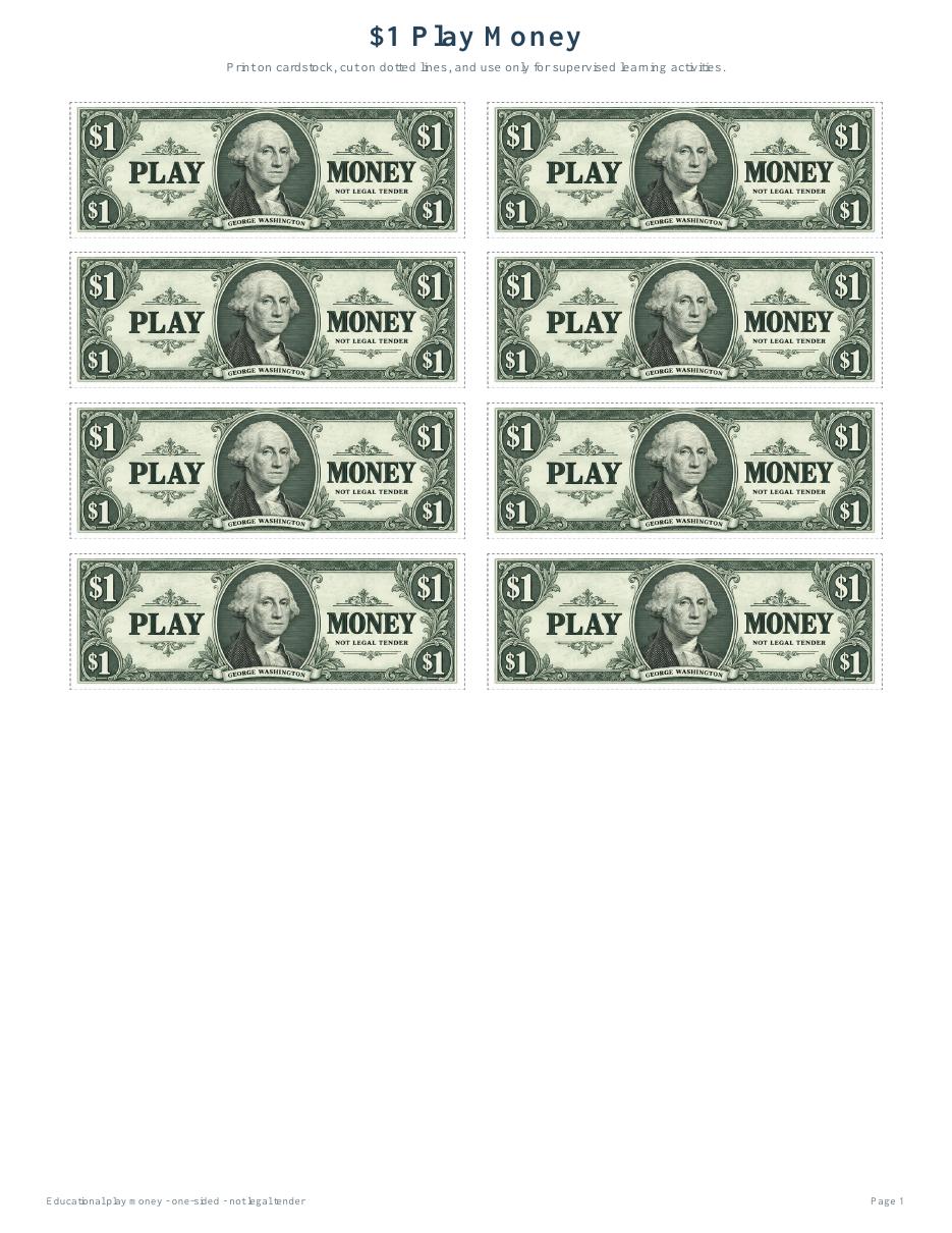 Realistic Play Money printable cover