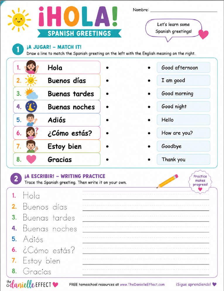 5-Page Beginner Spanish Worksheet Pack cover